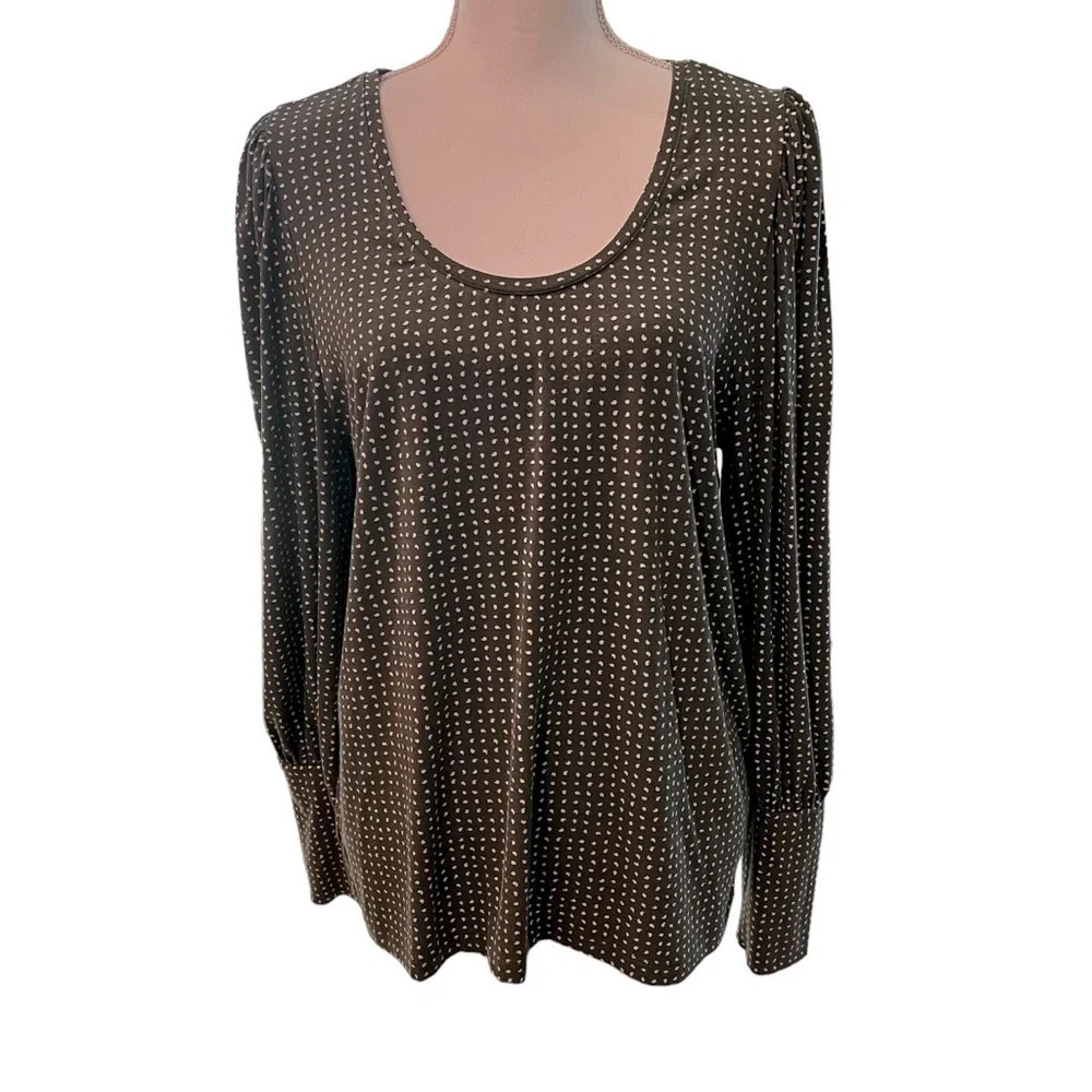 LOFT Outlet Olive Green‎ and Cream Polka Dot Puff Sleeve Top Women’s Size Large